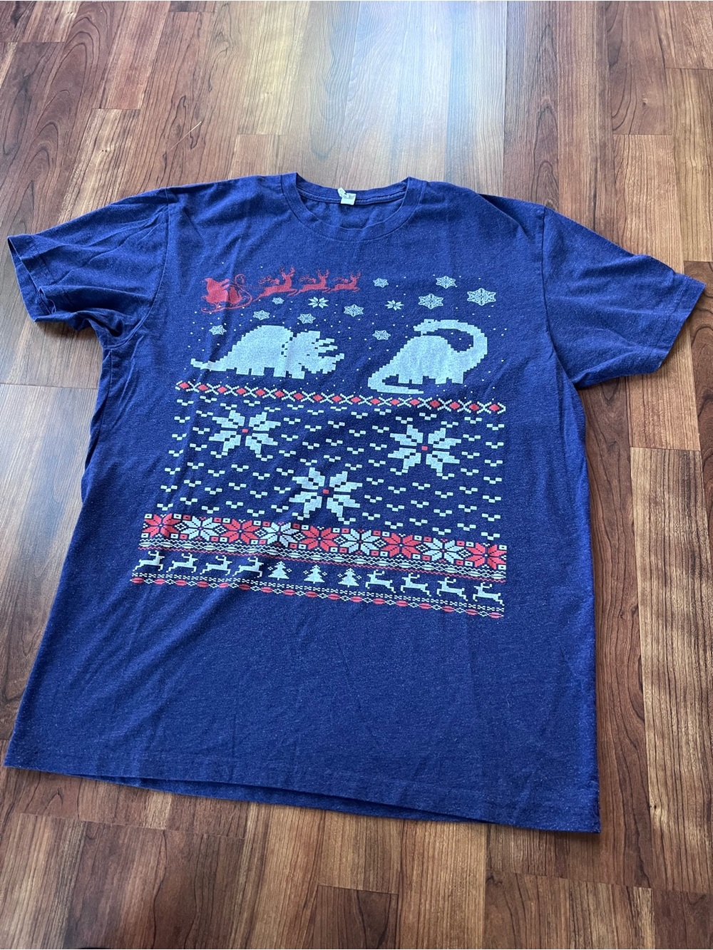 Dinosaur Tacky Ugly Christmas Sweater Graphic T Shirt Santa Reindeer Blue Large - Picture 3 of 6